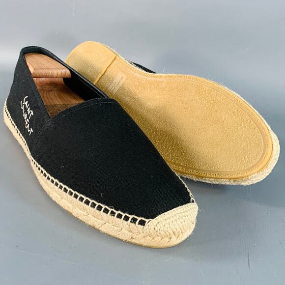 SAINT LAURENT Size 12 Black Natural Embroidered Logo Canvas Espadrille Sneakers - Picture 6 of 10
